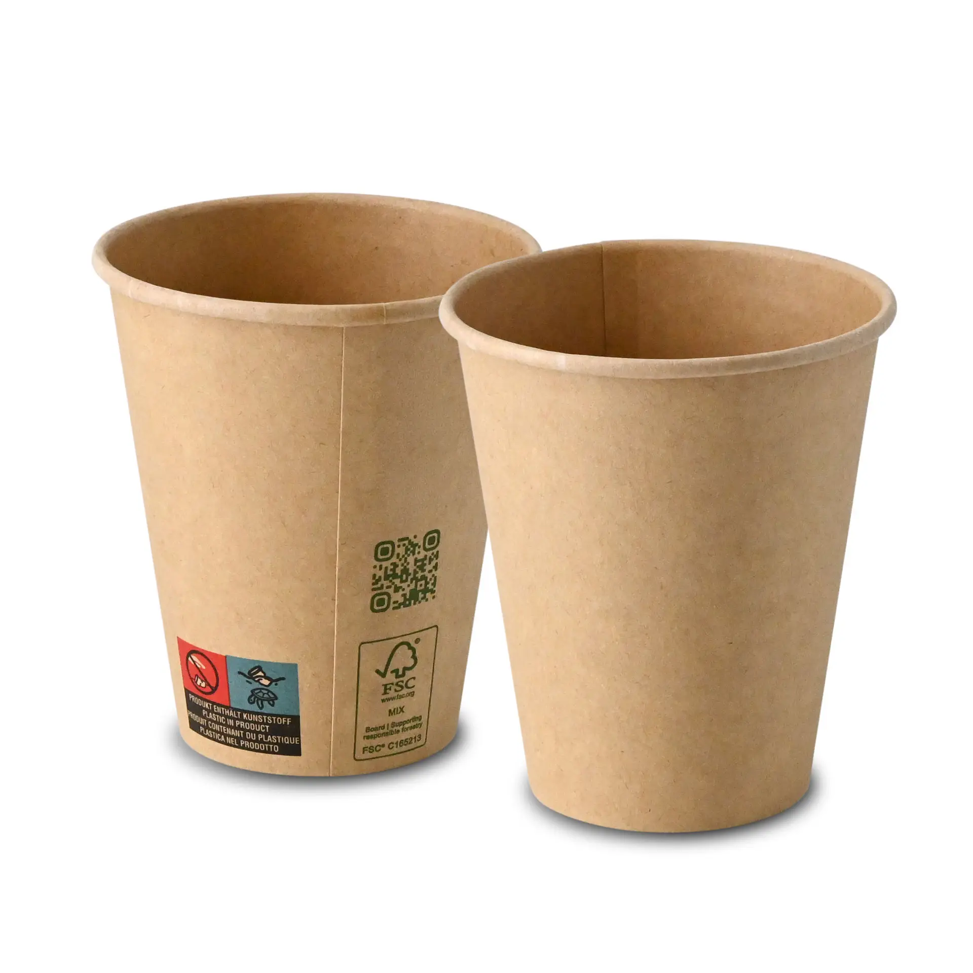 Bicchieri di carta marroni con parete singola, capacità di 250 ml, mostrati da diverse angolazioni.
