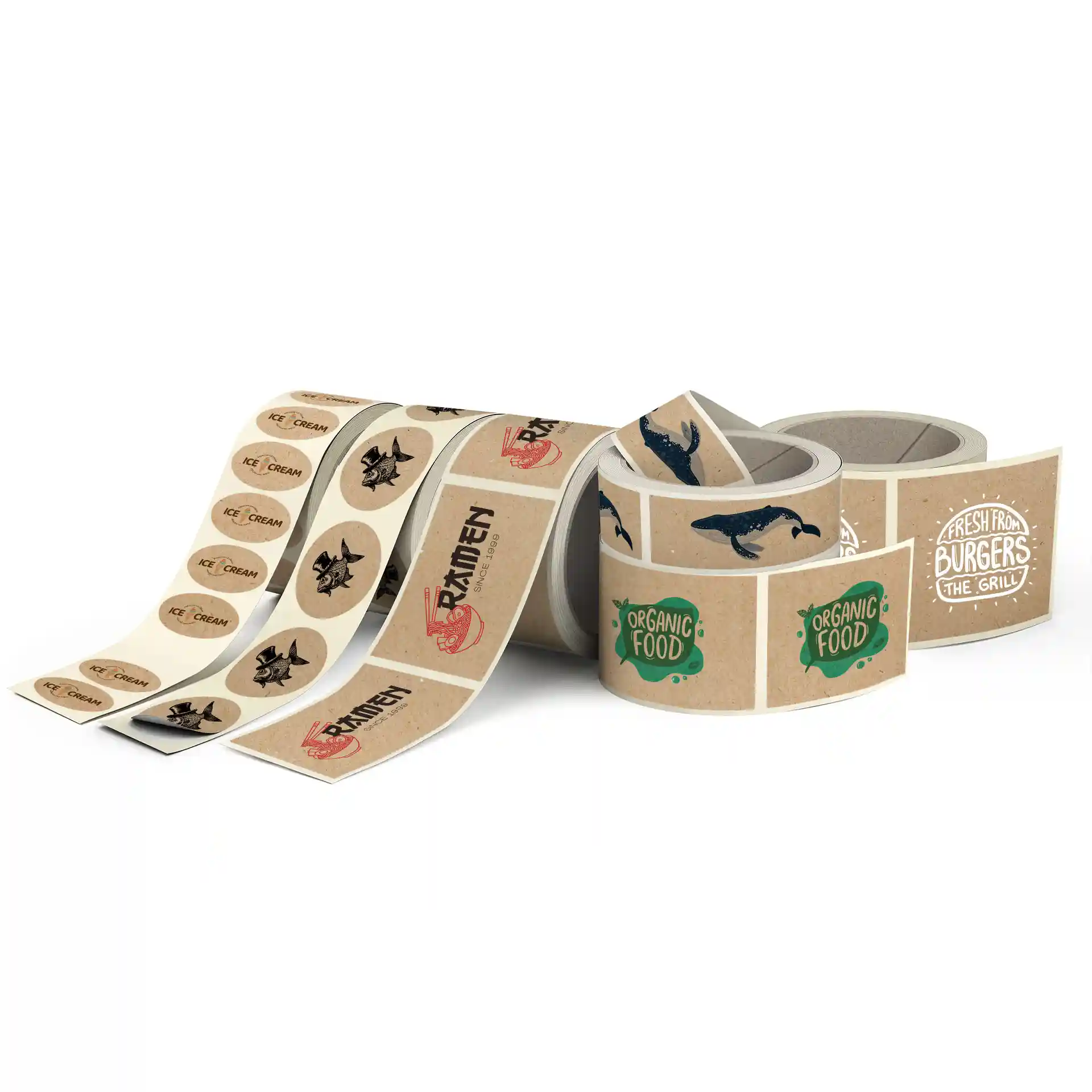 Rolle mit bedruckten Etiketten auf Kraftpapier mit verschiedenen Designs, einschließlich ovaler Formen und unterschiedlichen Farben.