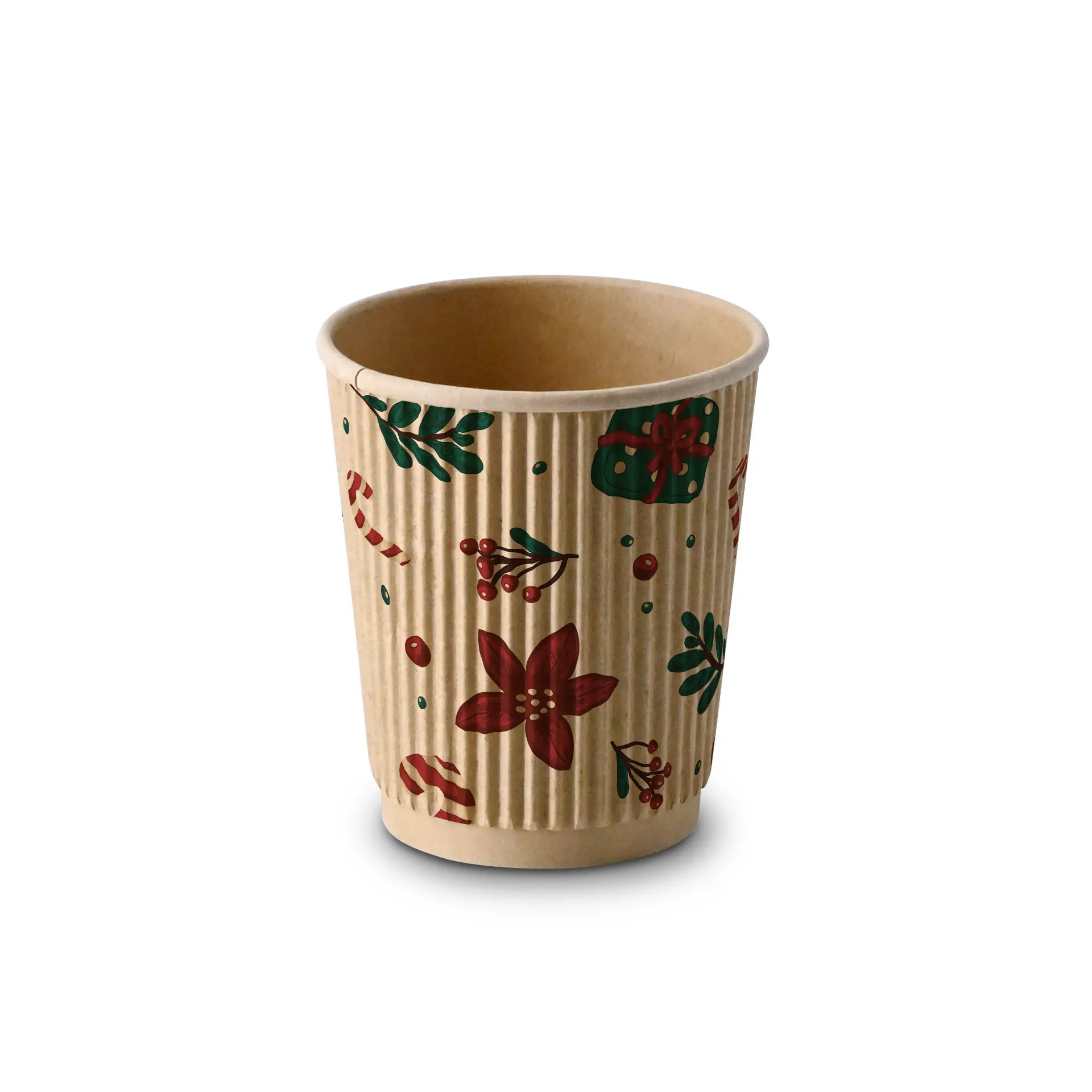 Brauner Wellenbecher mit Winterdesign, roten Blumen, grünen Blättern und Zuckerstangen, 200 ml Fassungsvermögen.