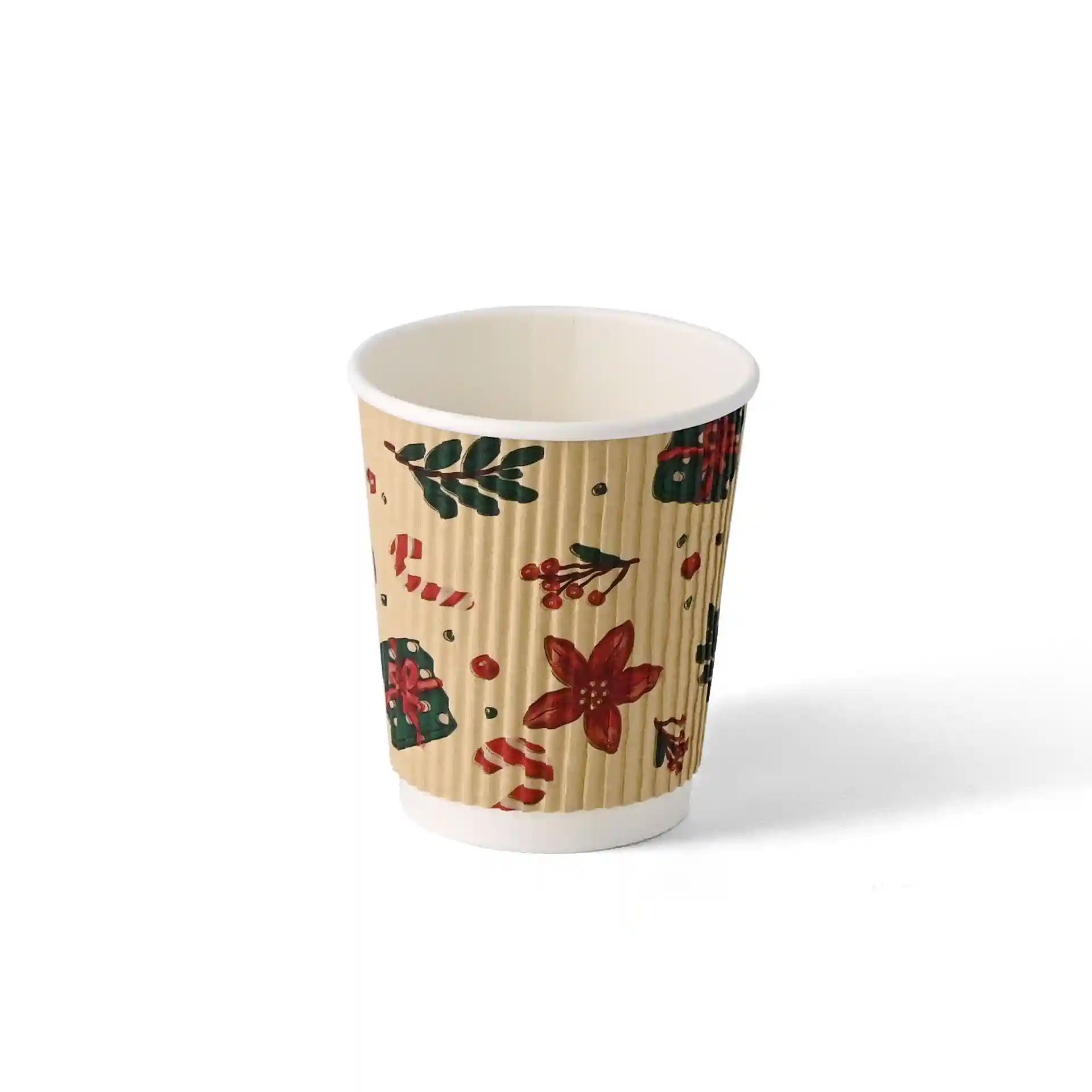 Bicchiere marrone a ondulazioni con design invernale, capacità di 200 ml, con vari motivi festivi all'esterno.