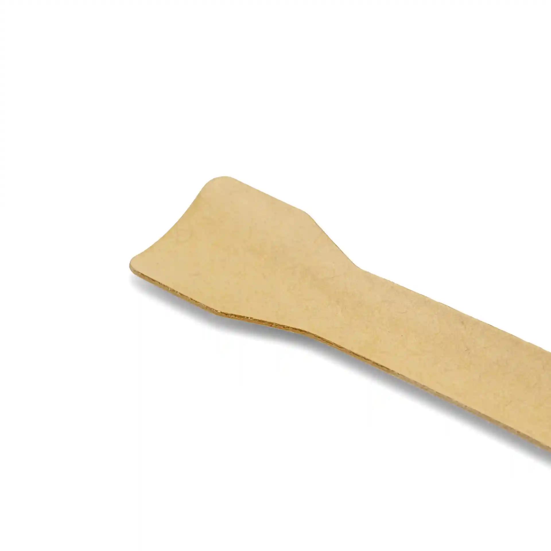 Cucchiaio di carta marrone per gelato, lungo 9,5 cm, con un'estremità piatta e un manico affusolato.