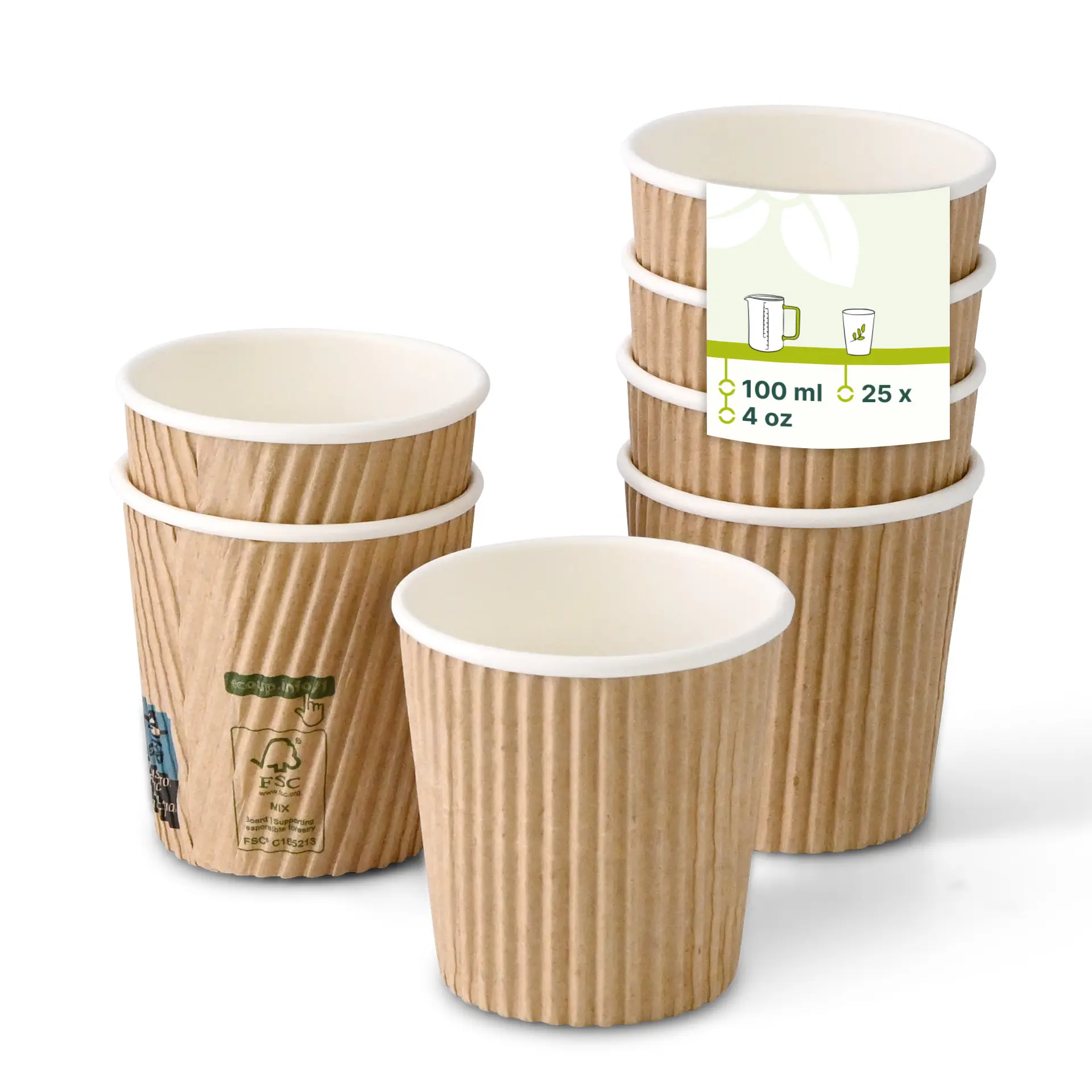 Gobelet en carton ondulé  100 ml / 4 oz, Ø 62 mm, brun / intérieur blanc, revêtement PLA