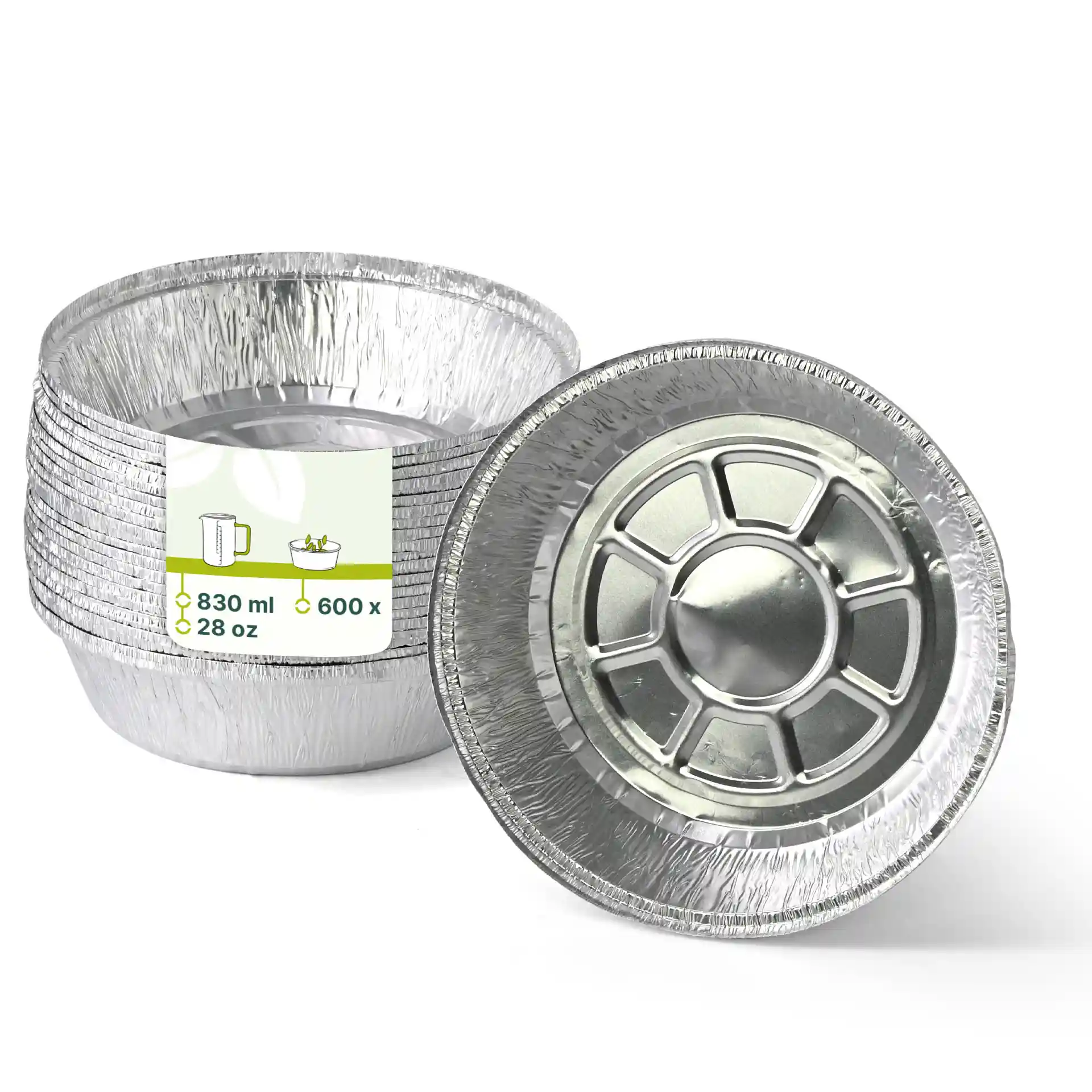 Conteneur en aluminium rond d'un diamètre de 182 mm et d'une hauteur de 43 mm, présenté en empilement avec un sur le côté.