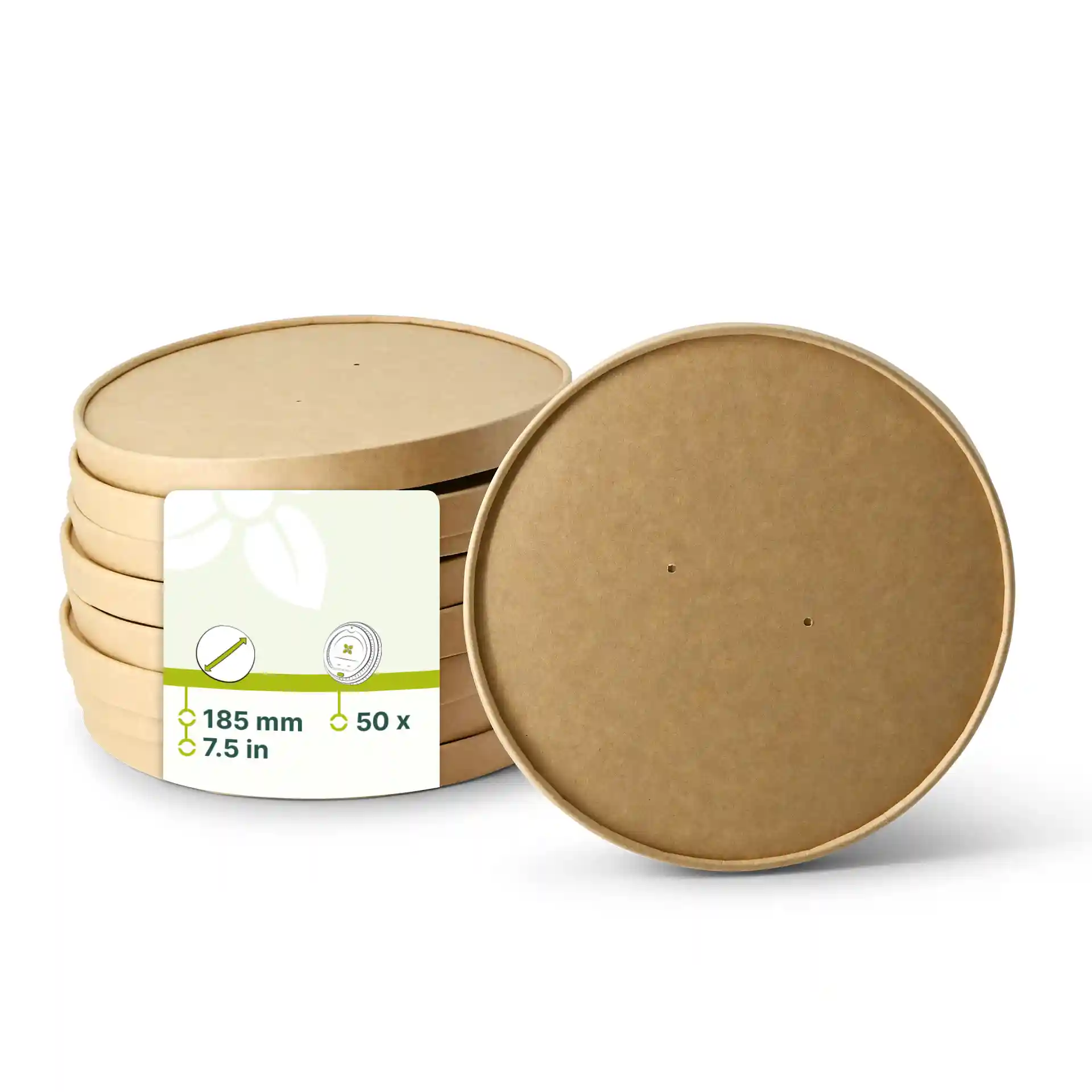 Coperchi rotondi in cartone marrone con un diametro di 185 mm, impilati con un'etichetta che mostra i dettagli del prodotto.
