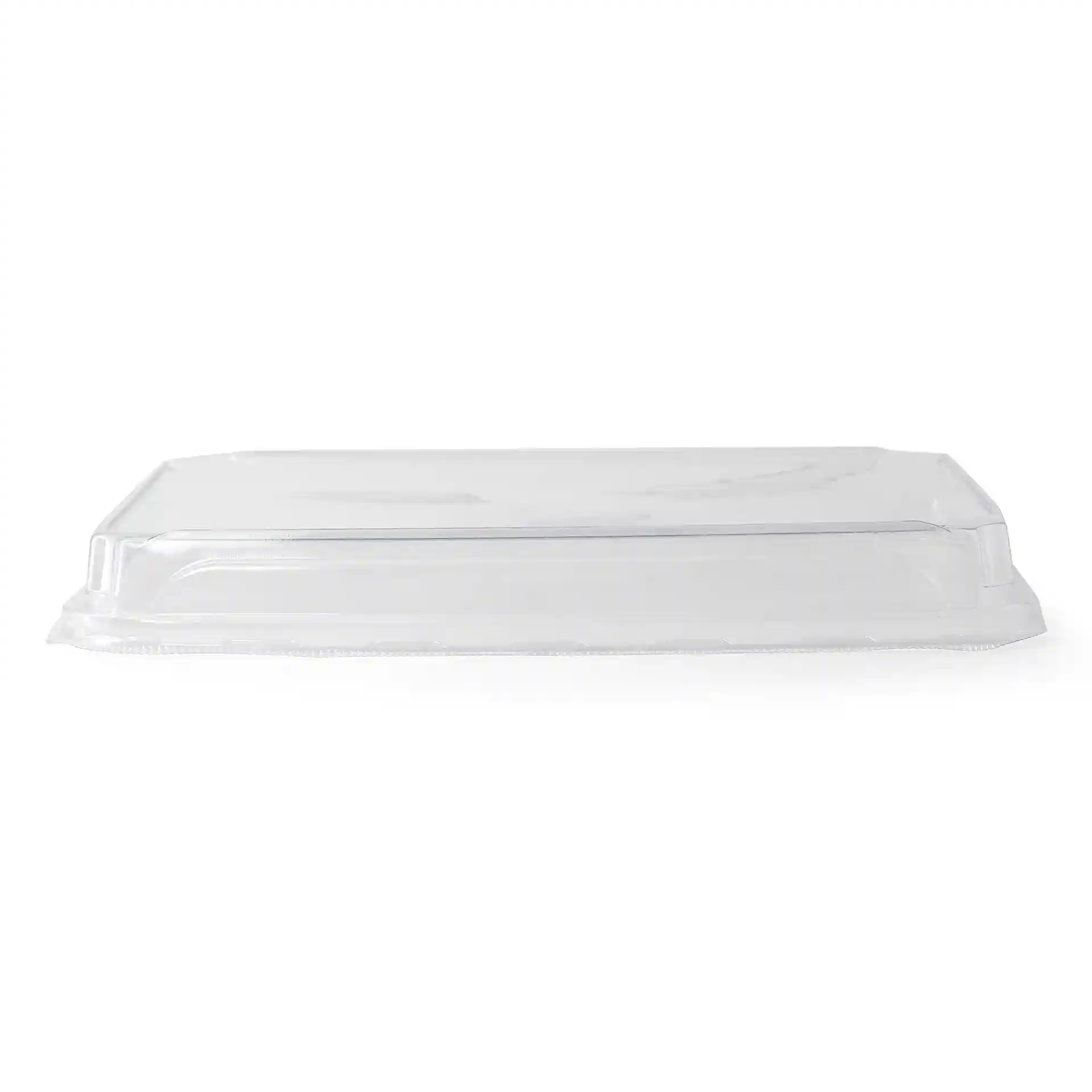 Transparenter PET-Deckel für Sushi-Boxen, 25,5 x 18 x 3 cm, seitlich auf einem schlichten Hintergrund gezeigt.