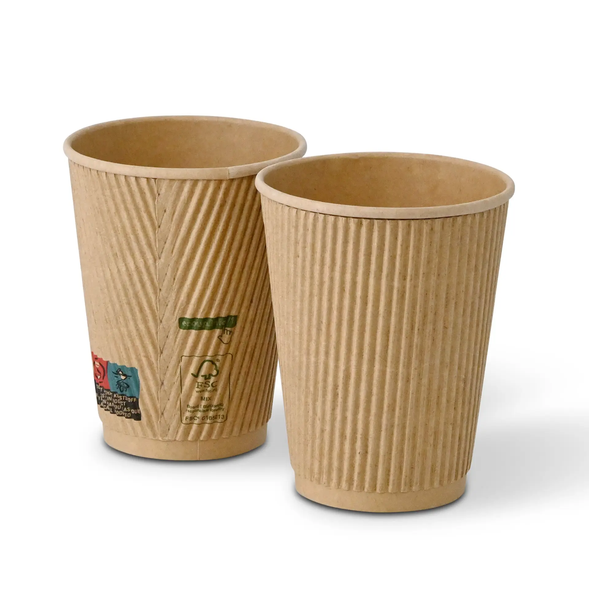 Due bicchieri in kraft rigati da 12 oz con un diametro di 90 mm, con etichette e segni visibili su un bicchiere.