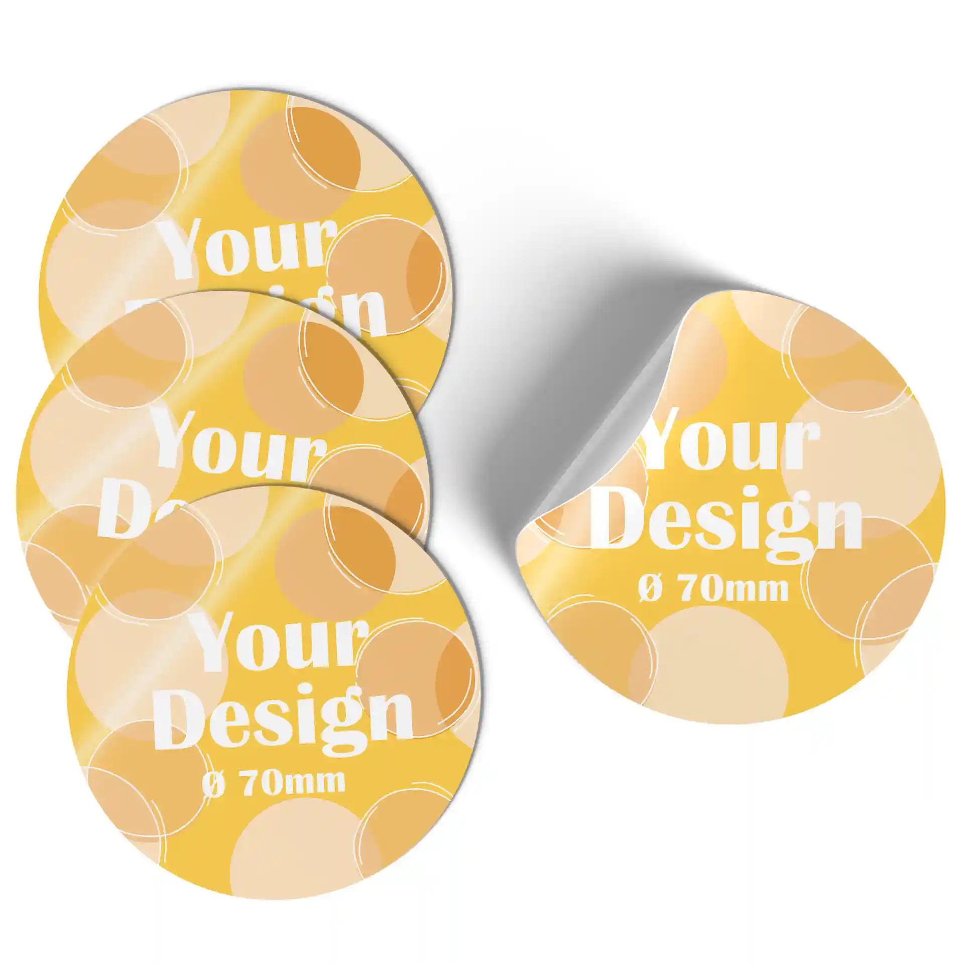 Étiquettes rondes imprimées avec un fond jaune brillant et un texte blanc, mesurant 70 mm de diamètre.