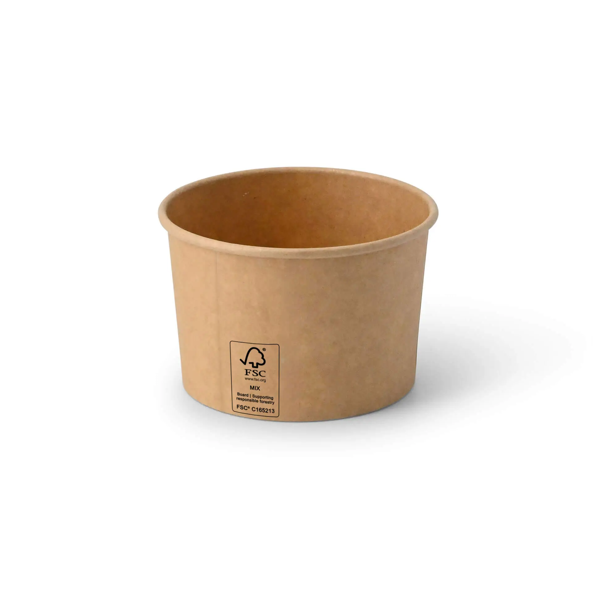 Cup di gelato in carta marrone, 8 oz, rivestito in PE, adatto per il take away; mostrato senza coperchio e con etichetta FSC visibile.