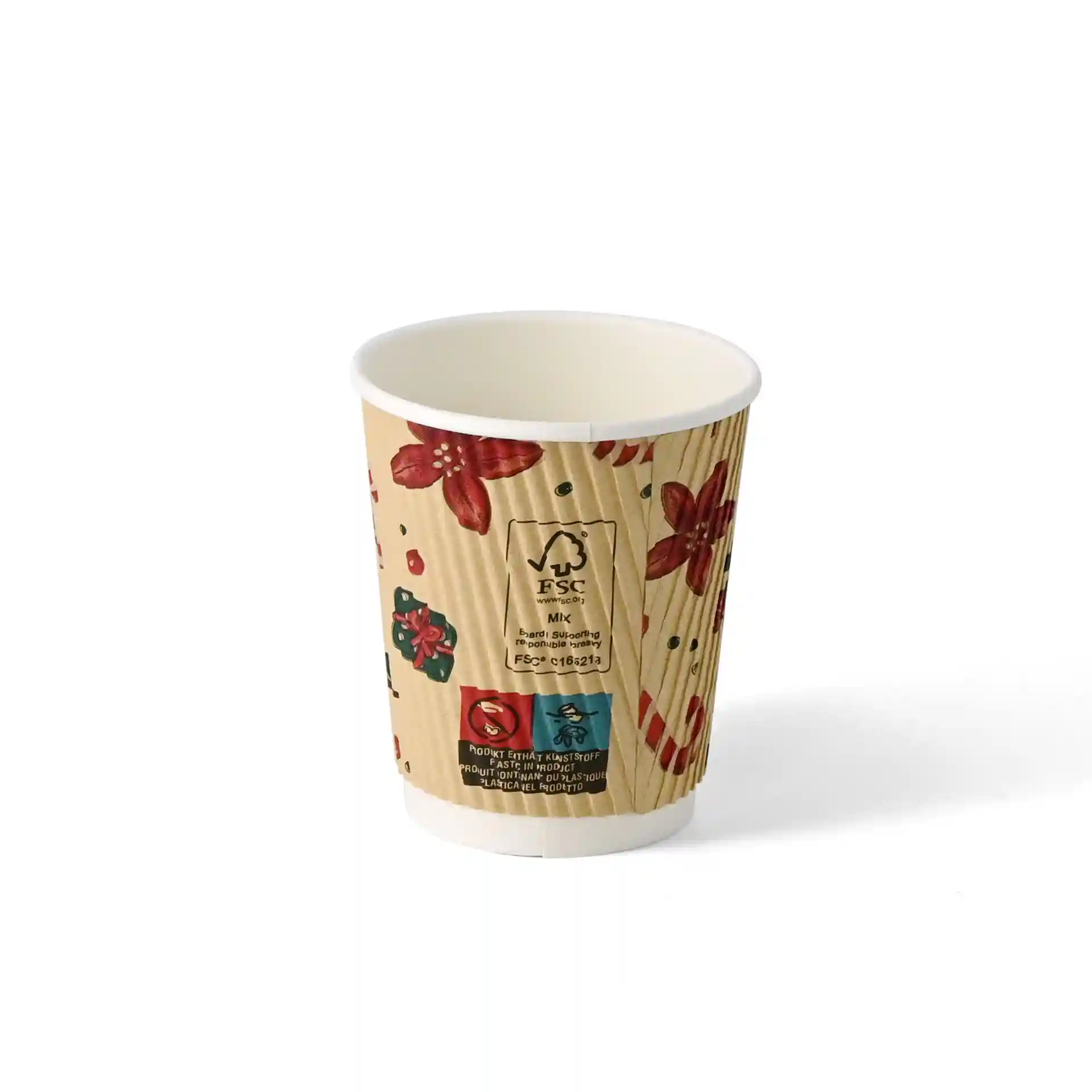 Bicchiere ondulato marrone con design invernale, capacità di 200 ml, altezza di 90 mm e diametro di 80 mm.