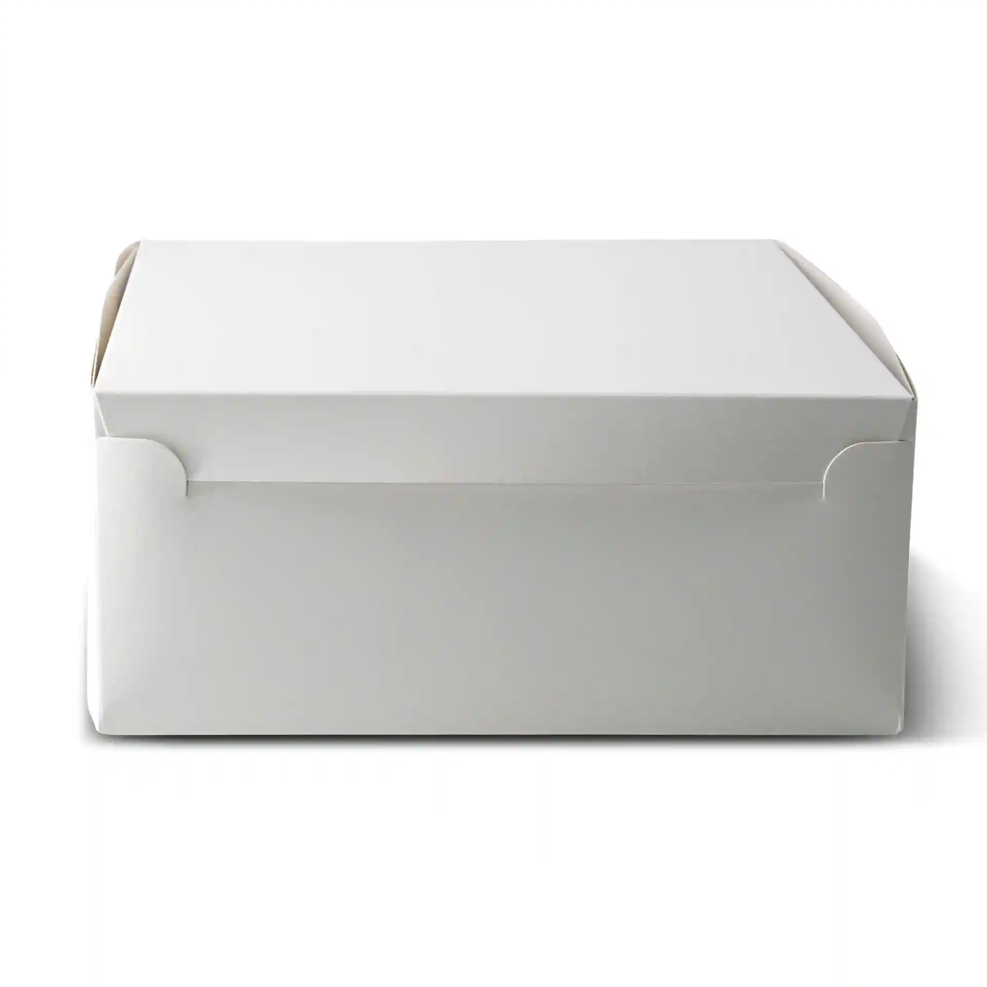 Weiße Kuchenbox mit Deckel, 23 x 23 x 10 cm, seitlich gezeigt.