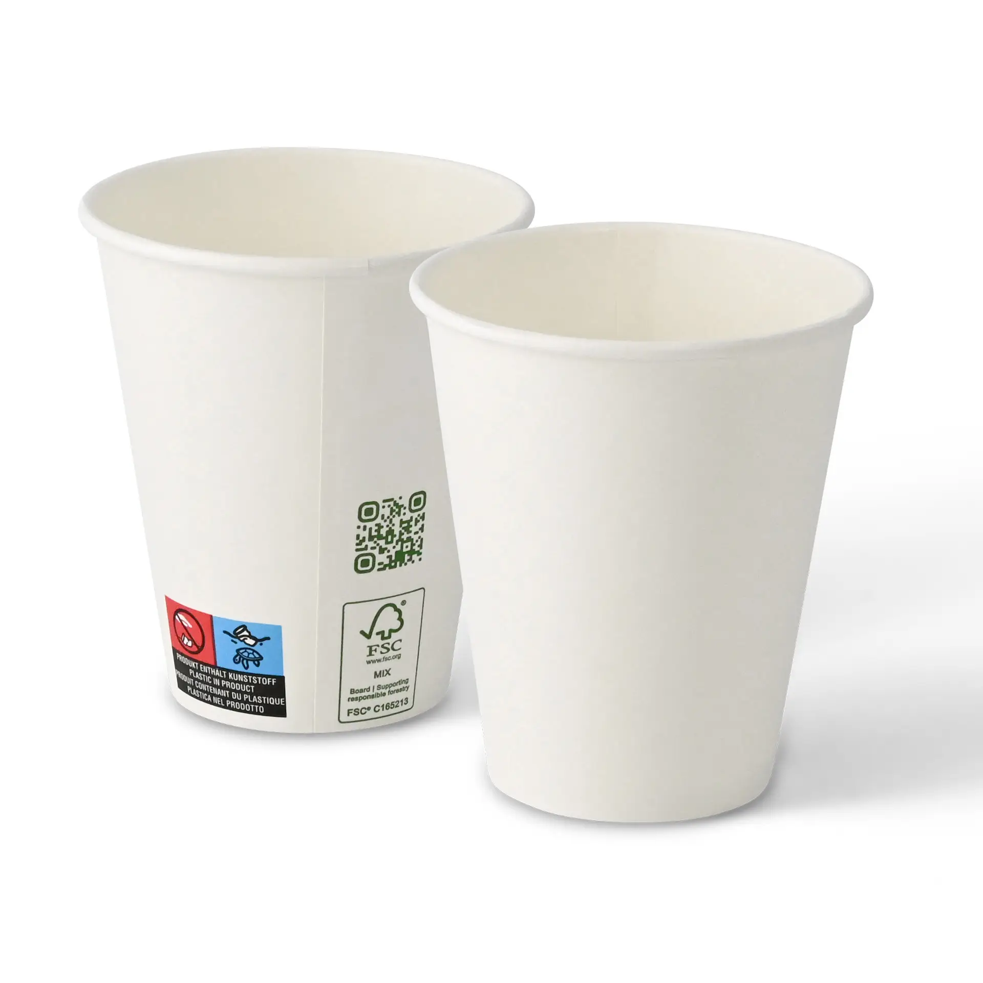 Bicchieri di carta bianchi con parete singola, capacità di 250 ml e diametro di 90 mm, mostrati di lato.