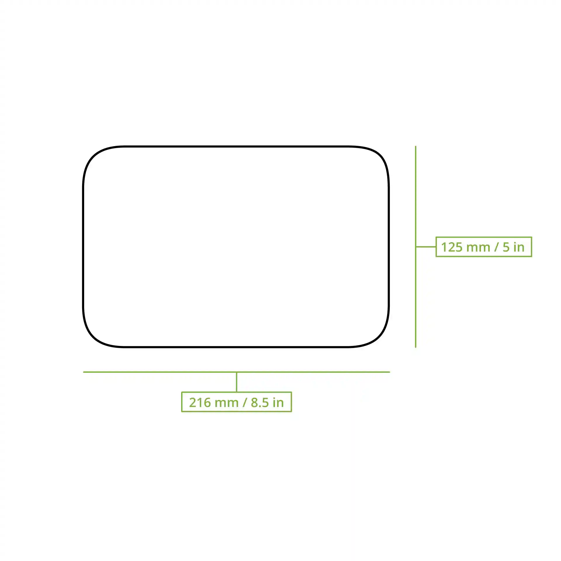 Schematische Zeichnung eines rechteckigen Deckels mit den Abmessungen 216 mm x 125 mm.