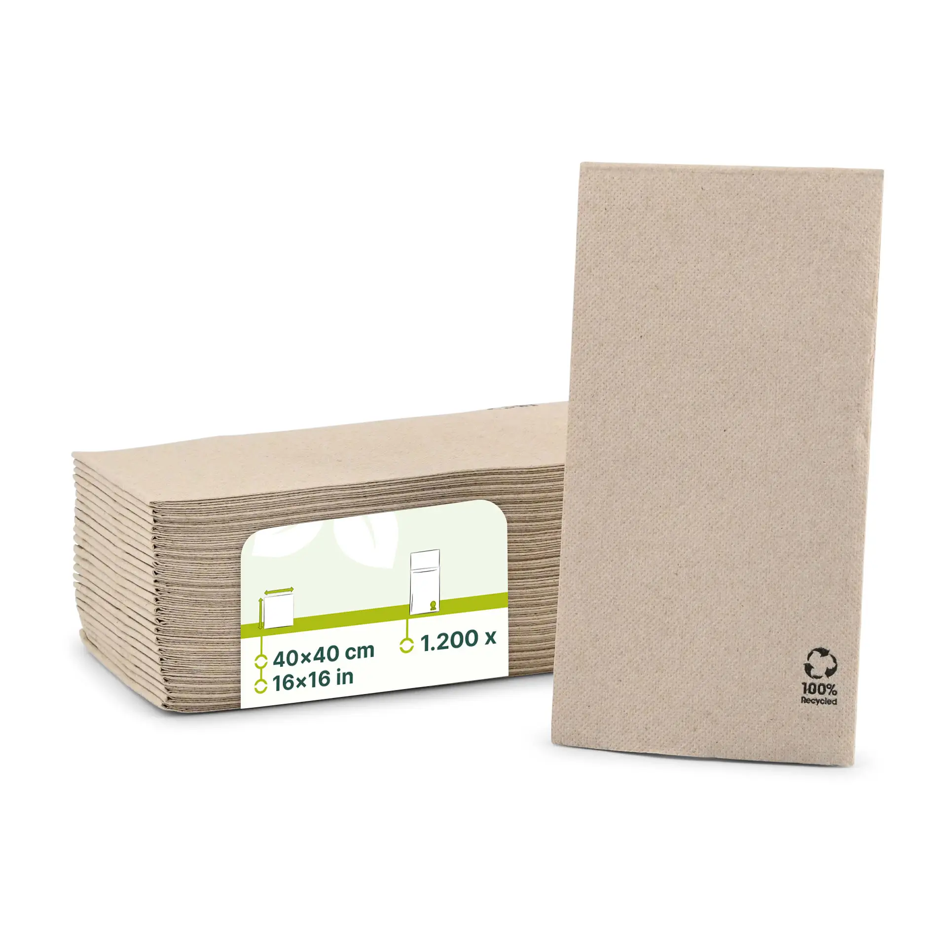 Servietten aus recyceltem Papier (Premium) 40 x 40 cm, 2-lagig, 1/8 Falz, ungebleicht Servietten aus recyceltem Papier (Premium) 40 x 40 cm, 2-lagig, 1/8 Falz, ungebleicht