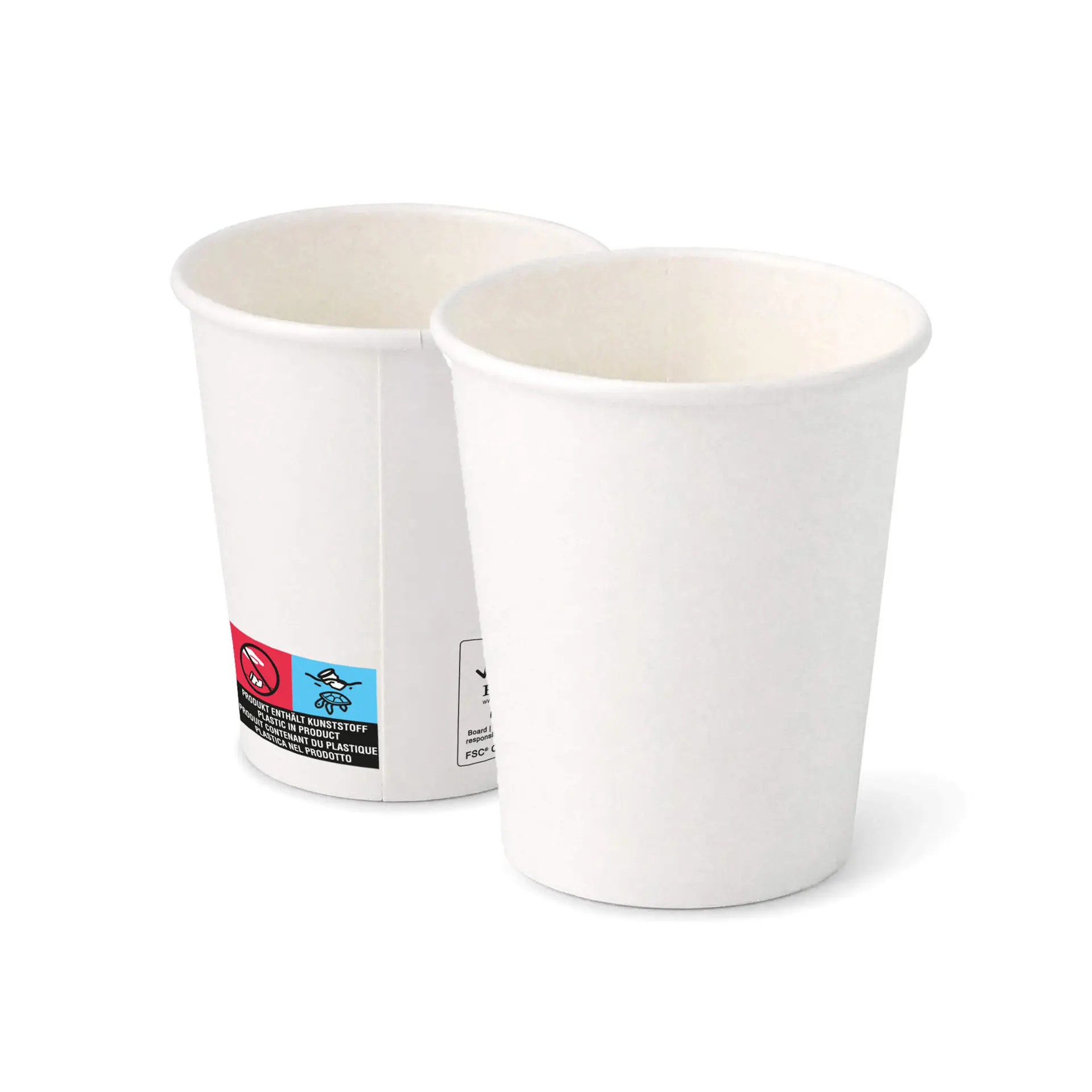 Deux gobelets en papier blancs de 8 oz avec une forme ronde et un revêtement, montrant les vues intérieure et extérieure.