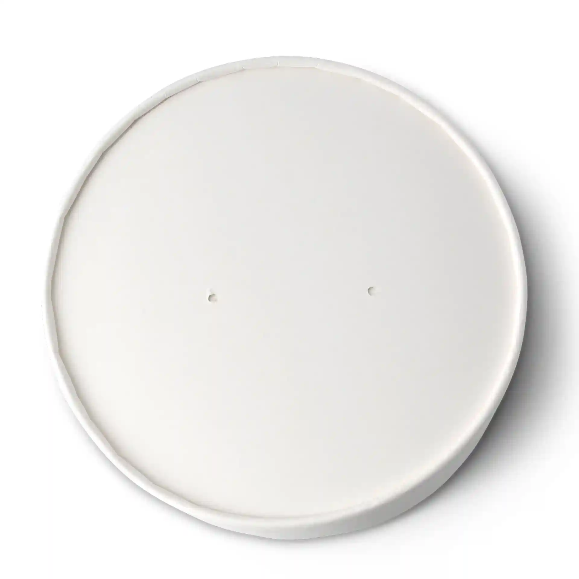 Coperchio rotondo in cartone bianco con un diametro di 150 mm e due piccoli fori sulla superficie.