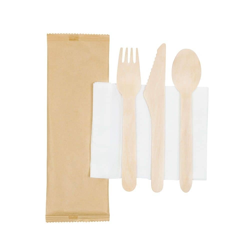 Holz-Besteck-Sets Messer, Gabel, Löffel & Serviette, 16 cm, unbeschichtet