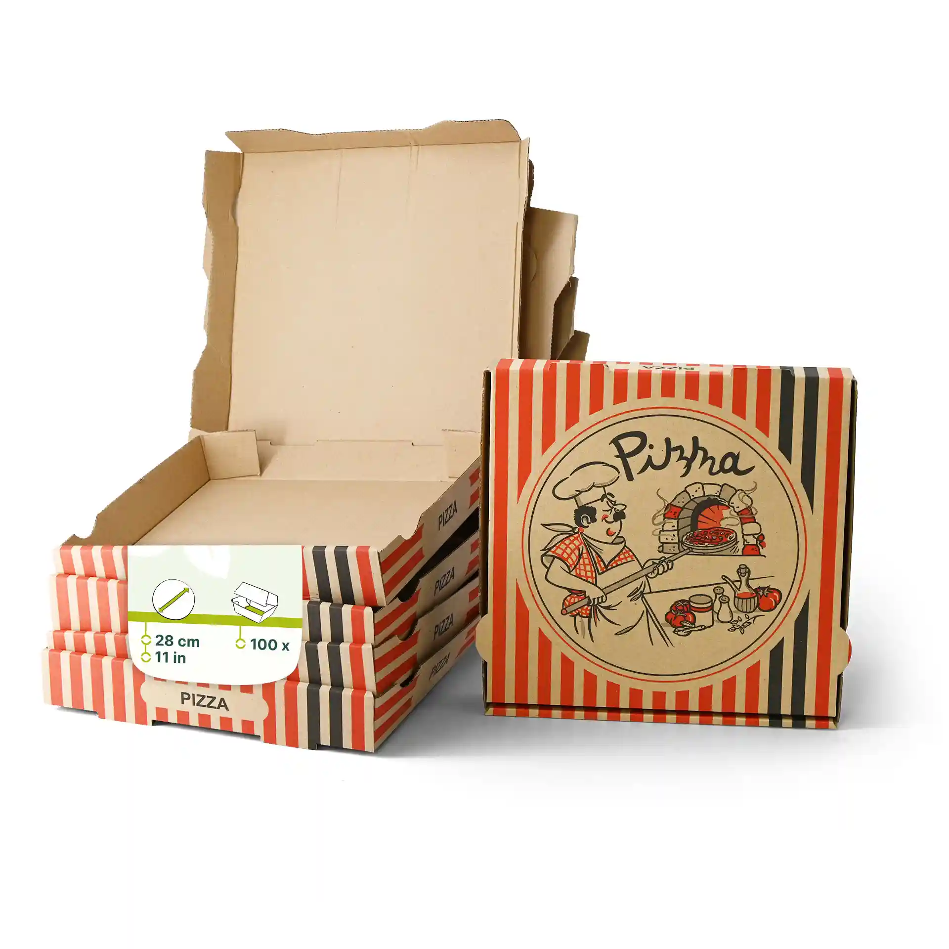 Boîtes à pizza en carton avec un design de chef de pizza, empilées, une boîte ouverte, dimensions 28 x 28 x 4 cm.