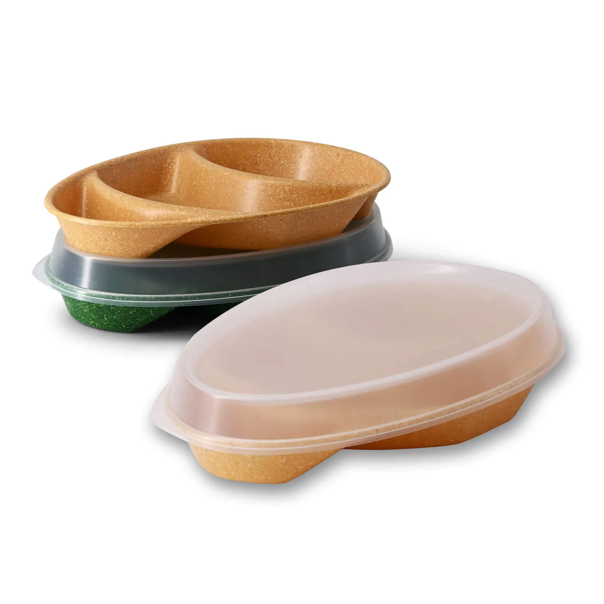 Assiette ovale réutilisable "merways Plate" 27,5 x 20 x 3,5 cm, 3 compartiments, caramel / brun dfc008351-mehrweg-menue-teller-merways-plate-275-x-20-x-35-cm-3-kammern-tropfenfoermig-karamell-braun-5