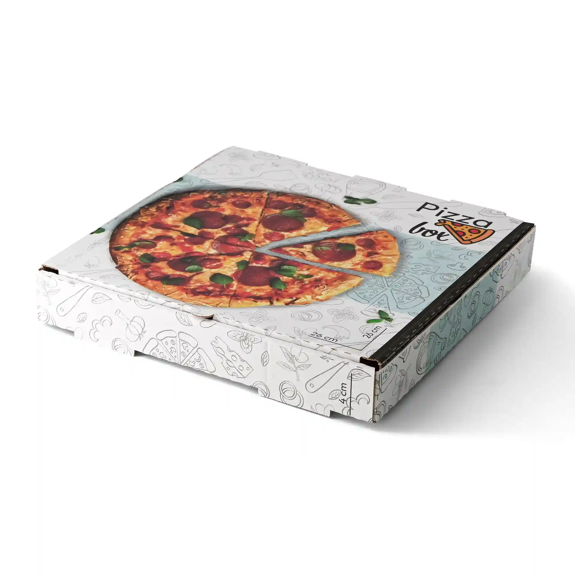 Pizzaschachtel mit einem gedruckten Pizzadesign oben, Maße 26 x 26 x 4 cm, mit weißem Hintergrund.
