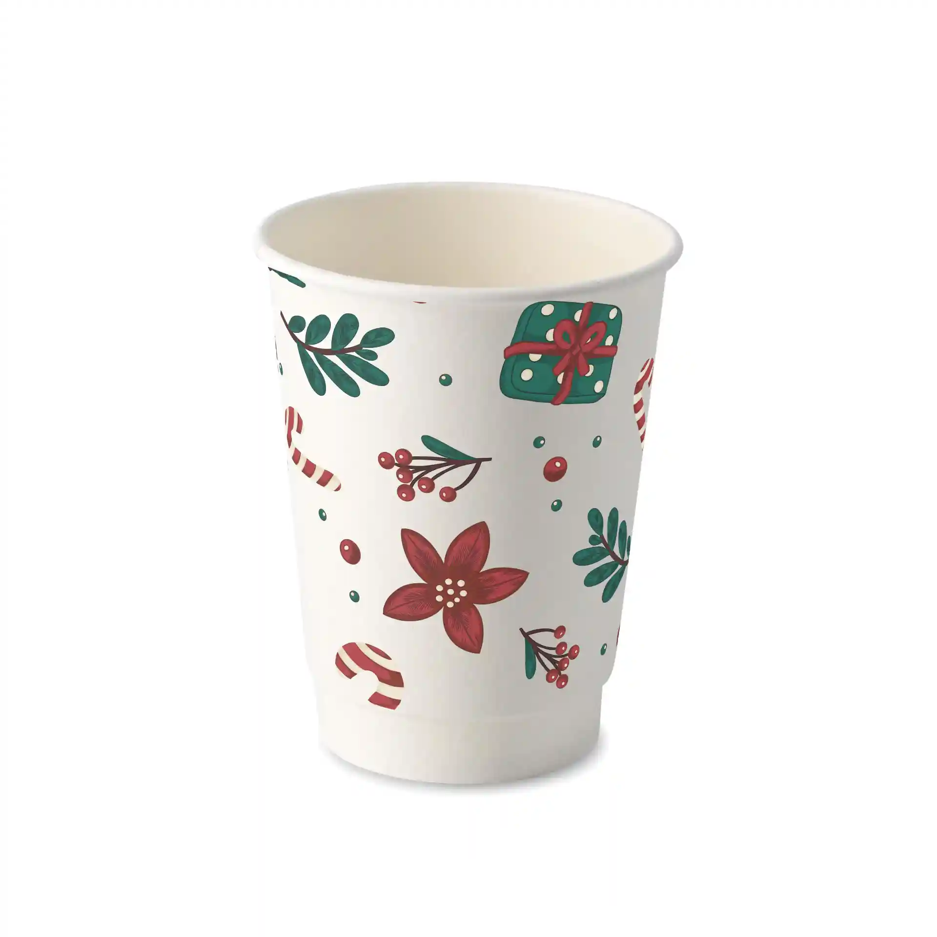Weißer doppelwandiger Becher mit winterlichem Design, roten Blumen, grünen Blättern und Zuckerstangen.
