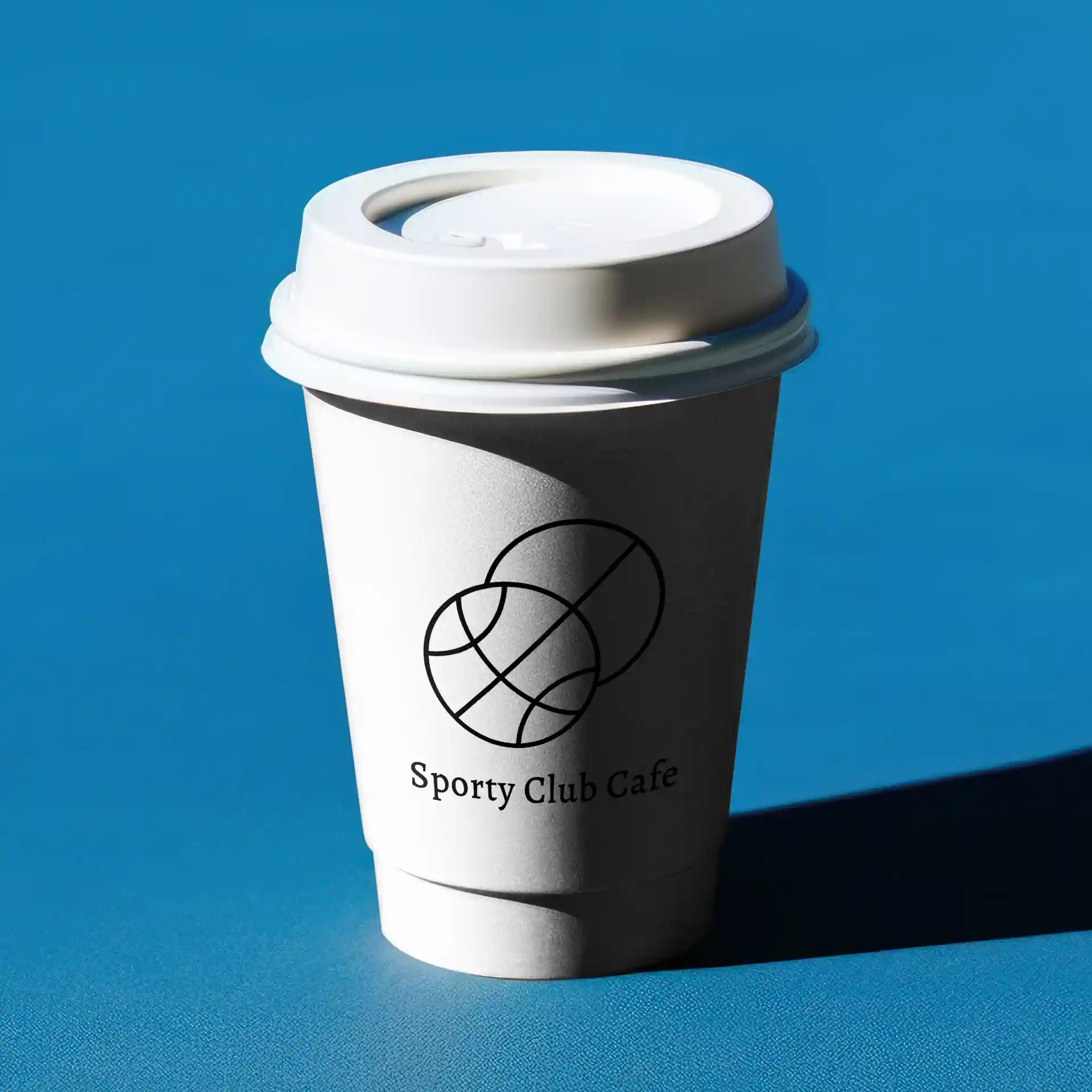 Bicchiere di carta bianco a doppia parete con coperchio, con logo e testo, posato su una superficie blu.