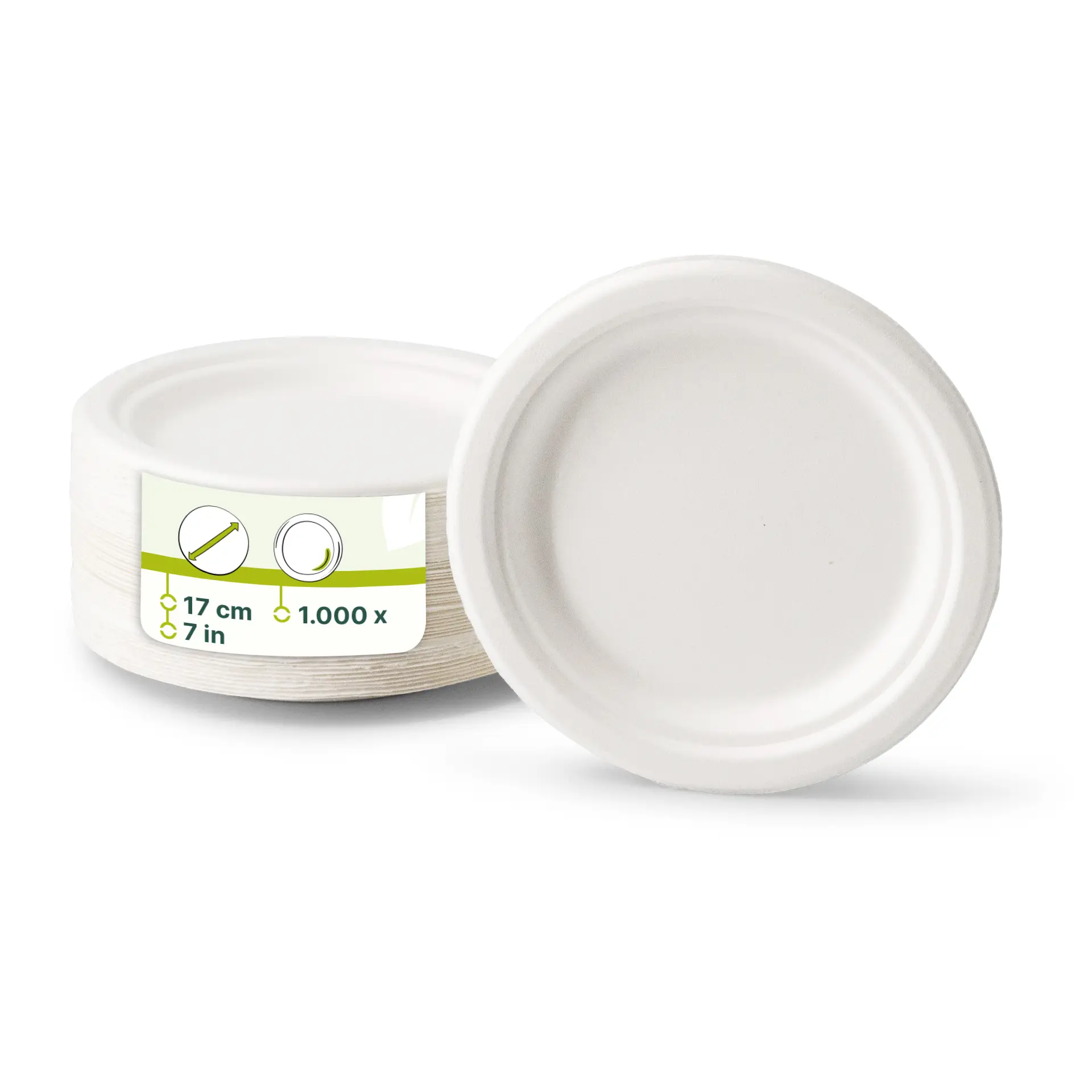 Runde Einweg-Teller aus Zuckerrohr, 17 cm Durchmesser, geeignet für verschiedene Lebensmittelarten.